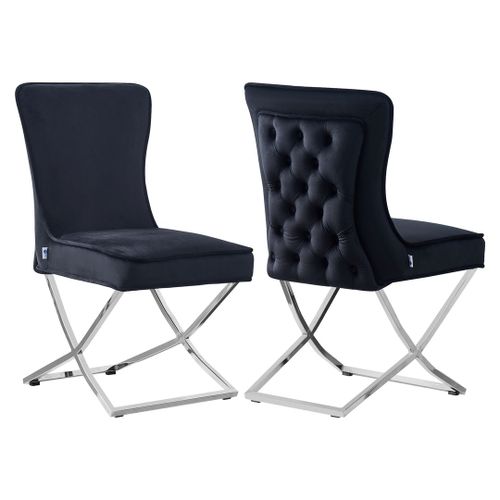 Chaise Trafalgar En Velours Capitonné Noir - Style Rétro Moderne - Pieds Croisés En Métal Argenté - Salle À Manger, Salon, Bureau Ou Coiffeuse