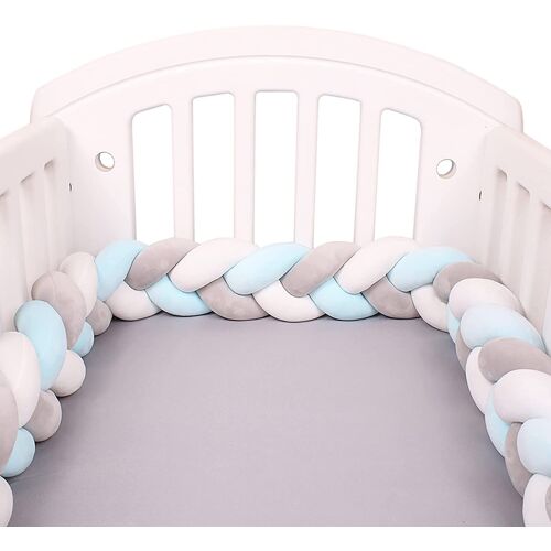 Tour De Lit Tresse - Douce Tour de lit bebe 2M avec Cordon d'attache idéal pour la Sécurité de votre Bébé(gris bleu blanc)