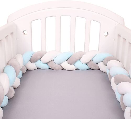 Tour De Lit Tresse - Douce Tour de lit bebe 2M avec Cordon d'attache idéal pour la Sécurité de votre Bébé(gris bleu blanc)