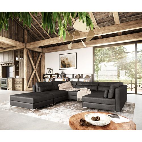 Canapé Elio Imitation Cuir Vintage Anthracite 300x185 Cm Avec Pouf Canapé Panoramique