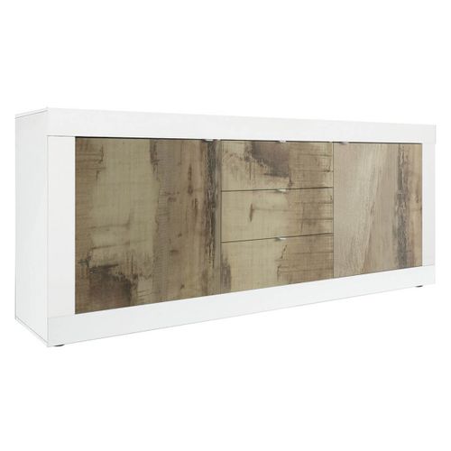 Buffet 2 Portes 3 Tiroirs Finition Blanc Laqué Et Aspect Bois Antik