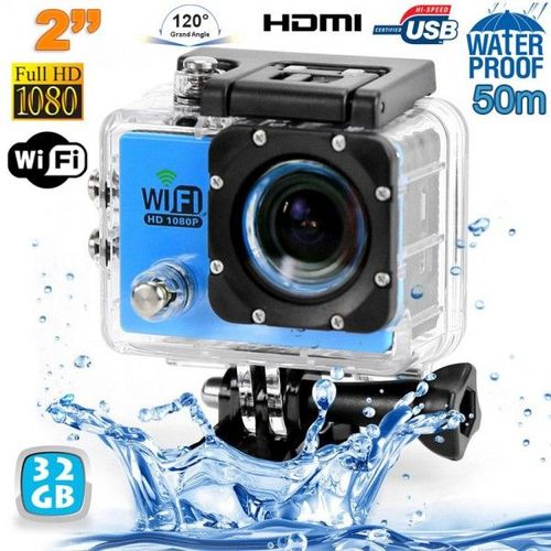 Camera Embarquée Sports Wi-Fi LCD Caisson Étanche Waterproof Full HD Bleue 32Go YONIS