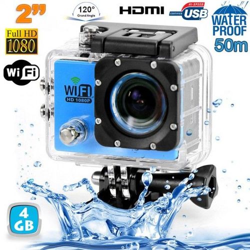 Camera Embarquée Sports Wi-Fi LCD Caisson Étanche Waterproof Full HD Bleue 4Go YONIS