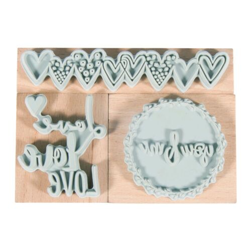 Kit Tampons En Bois "Cher", 3,2x3,8cm - 8,1x1,6cm, Boîte 3 Pces