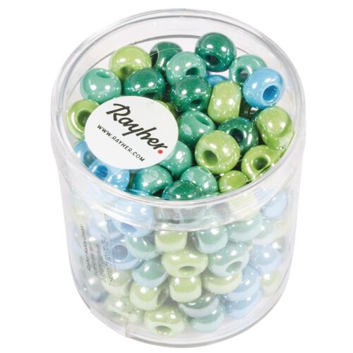 Perle À Grand Trou En Verre, Opaque, Verte, Bleue, Ø 6,7mm, Boîte 55 G