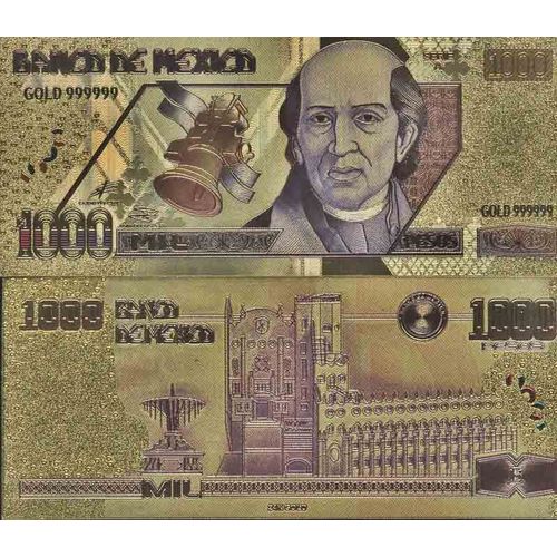 Mexique Billet De Banque De 1000 Pesos Colorisé Et Doré À L'or Fin 24k