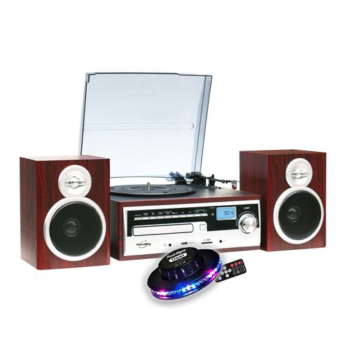 Chaîne Hifi Inovalley CH14E tourne disque vinyle 80W, Cd, Bluetooth, FM et USB , télécommande, Jeu de lumière OVNI LED