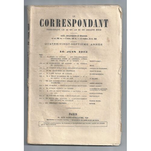 Le Correspondant N° 1265 Du 10 Juin 1915 Guerre 1914-1918