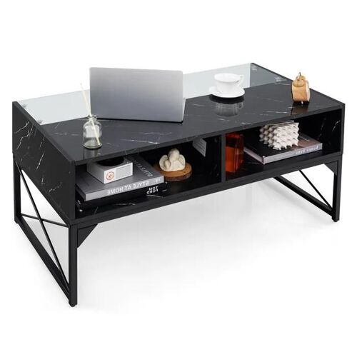 COSTWAY Table Basse avec Lumières LED, Plateau en Faux Marbre, Verre Trempé, Télécommande Incluse, 4 Cubes de Rangement, Noir