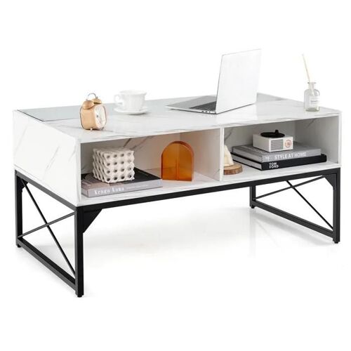 COSTWAY Table Basse avec Lumières LED, Plateau en Faux Marbre, Verre Trempé, Télécommande Incluse, 4 Cubes de Rangement, Blanc