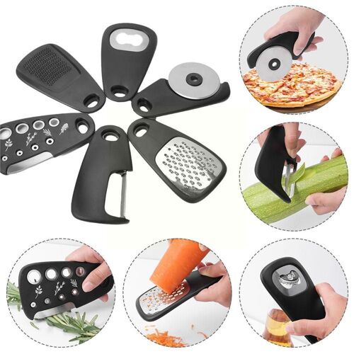 Gadget de cuisine empilable 6 en 1, ouvre-boîte, façonneur de fromage, éplucheur de légumes et de pizza, couteau à pâte de fruits, pince à sertir E4t3
