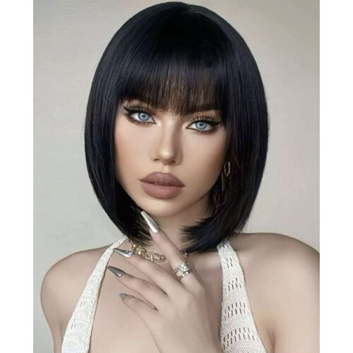 Perruque Courte Carré Noir Femme Cheveux Synthétique Lisses Wig Frange 30cm +4 Bonnet 