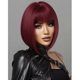 Perruque Courte Synthétique Noir Carré Lisse - Pour Femme, Avec Bonnet De Protection