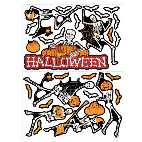 Autocollants muraux d'halloween, 2 pièces, squelette citrouille chauve-souris, autocollants muraux amovibles pour fenêtre, pour intérieur