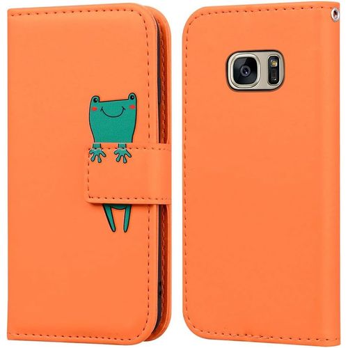 Coque Pour Samsung Galaxy S7 Edge, Mignon Cartoon Animal Grenouille Etui Portefeuille En Cuir Pu Housse Avec Fonction Stand, Fermeture Magnetique, Emplacements De Cartes -Orange