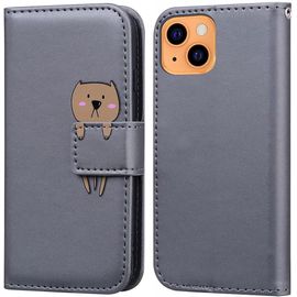 Coque Pour Iphone 13 (6,1 Pouces), Mignon Cartoon Animal Ours Etui Portefeuille En Cuir Pu Housse Avec Fonction Stand, Fermeture Magnetique, Emplacements De Cartes -Gris