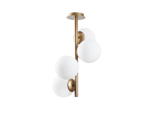 Suspension En Métal Et Verre 4 Globes Faze - D. 32 Cm X H. 53 Cm - Doré Et Blanc