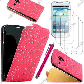 Ebeststar ® Pour Samsung Galaxy S3 Mini Gt-I8190, I8190n - Housse Coque Etui En Pu Cuir À Rabat Ultra Fine (Slim Case) Avec Strass + Stylet + 3 Film Écran, Couleur Rose