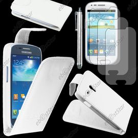 Ebeststar ® Pour Samsung Galaxy S3 Mini Gt-I8190, I8190n - Housse Coque Etui Simili Cuir À Rabat Vertical + Stylet + 3 Film Écran, Couleur Blanc