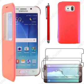 Ebeststar ® Pour Samsung Galaxy S6 Edge Sm-G925f G925 - Housse Coque Etui Style View Portefeuille + Stylet + 3 Film Écran, Couleur Rouge