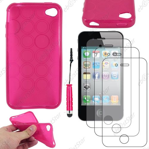 Ebeststar ® Pour Apple Iphone 4s, 4 - Housse Etui Coque Souple Silicone Gel Motif Cercle + Mini Stylet + 3 Film Écran, Couleur Rose