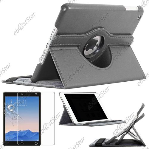 Ebeststar ® Pour Apple Ipad Mini 1 - Housse Coque Etui Pu Cuir Rotatif Avec Support À Rotation 360° + 1 Verre Trempé, Couleur Gris