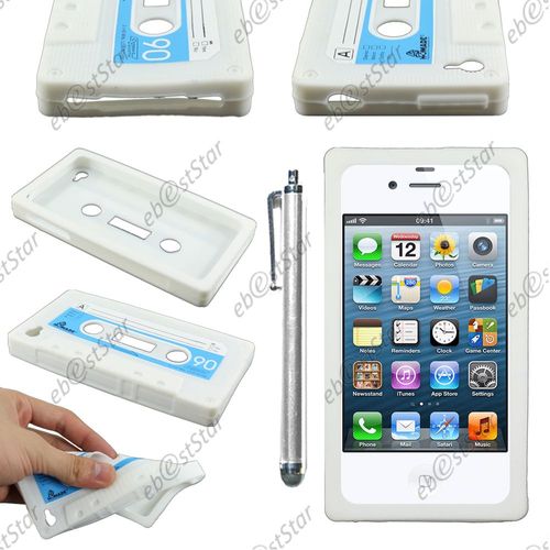 Ebeststar ® Pour Apple Iphone 4s, 4 - Housse Etui Coque Silicone Gel Motif Format Cassette + Stylet, Couleur Blanc