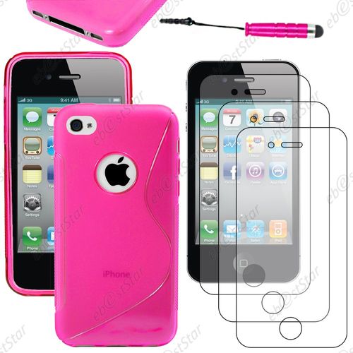 Ebeststar ® Pour Apple Iphone 4s, 4 - Housse Etui Coque Silicone Gel Motif S-Line Protection Souple + Mini Stylet + 3 Film Écran, Couleur Rose