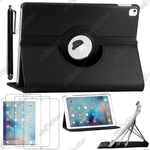Ebeststar ® Pour Apple Ipad Pro 9.7 (2016), Wi-Fi, 3g, 4g, Lte - Housse Coque Etui Pu Cuir Rotatif Avec Support À Rotation 360° + Stylet + 3 Film Écran, Couleur Noir