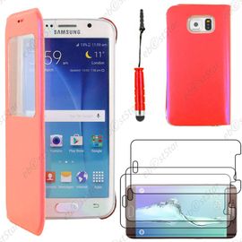 Ebeststar ® Pour Samsung Galaxy S6 Edge Sm-G925f G925 - Housse Coque Etui Style View Portefeuille + Mini Stylet + 3 Film Écran, Couleur Rouge