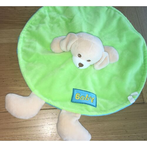 Doudou Plat Rond Chien "Baby" Bleu Vert Beige Maxita