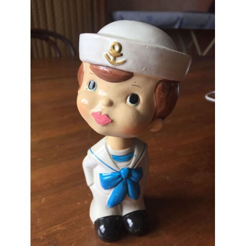Figurine  Vintage Petit Marin En Plâtre Avec Tête Montée Sur Ressort Année 1960