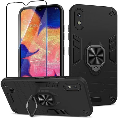 Coque Pour Samsung Galaxy A10 Avec Verre Trempe, Etui De Protection Antichoc De Qualite Militaire, Housse Avec Anneau Support Metallique, Support De Voiture Compatible, Noir
