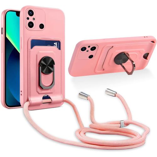 Cordon De Coque Compatible Avec Xiaomi Redmi 12c/Redmi 11a,[Bequille 360'rotatif] [Fentes Pour Cartes] Antichoc Reglable Lanyard Silicone Case - Pink