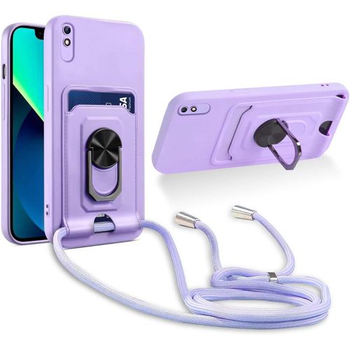 Cordon De Coque Compatible Avec Xiaomi Redmi 9a / 9at / 9i,[Bequille 360'rotatif] [Fentes Pour Cartes] Antichoc Reglable Lanyard Silicone Case - Pourpre