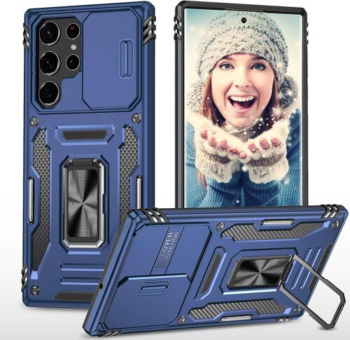 Coque Pour Samsung Galaxy S22 Ultra Etui [Protection Dappareil Photo Slide Camera], Support 360¡Ã Rotatif Militaire Renforcee Armor Antichoc Bumper Housse Bleu Marine