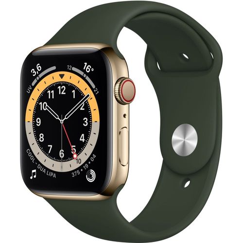 Apple Watch Series 6 (GPS + Cellular) - Boitier 44 mm acier or avec bracelet sport Vert de de Chypre