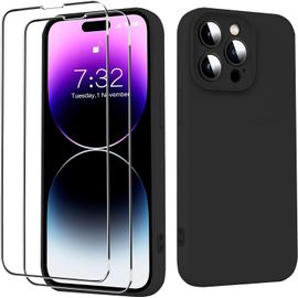 Coque Pour Iphone 14 Pro,Coque En Silicone Liquide Iphone 14pro + 2pack Verre Trempe Film Protection Decran,Souple Antichoc Housse Etui Protection Complete 360 Degre,Microfibre Integree,6,1 \U201d,Noir