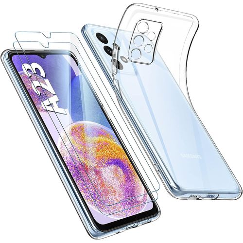 Coque Protection Camera Compatible Avec Samsung Galaxy A23 Coque Et 2 Pieces Verre Trempe, Coque Samsung A23 5g Transparent Anti-Jaune Etui De Mince Souple Silicone Housse