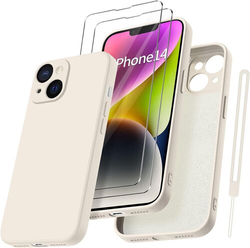 Coque Protection Camera Pour Iphone 14 Avec 2 Pieces Verre Trempe, Housse De Protection Silicone Antichoc Doublure Microfibre Douce Ultra Fine Coque Iphone 14 6.1"" - Kaki