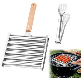 ASFASFq-Rouleau de hot-dog en acier inoxydable de 18,3 cm pour barbecue avec long manche et spatule en métal, machine à hot dog pour saucisses, barbecue, camping en plein air, capacité de 5 hot-dogs