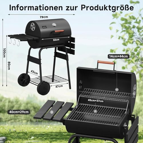 ASFASFq-Barbecue au charbon de bois, fumoir avec couvercle, roues, thermomètre, étagères latérales amovibles