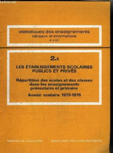 Statistiques Des Enseignements Tableaux Et Informations N°3/1977 - 2.1 Les Etablissements Scolaires Publics Et Prives - Repartition Des Ecoles Et Des Classes Dans Les Enseignements ...