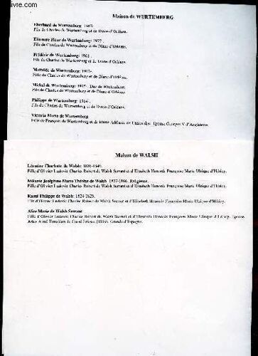 Genealogie De : Maison De Walsh - Maison De Wurtemberg    / (Ensemble De Documents De Recherches).