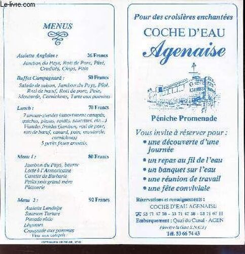 1 Plaquette : Pour Des Croisieres Enchantees Coche D'eau Agenaise -- Peniche Promenade.