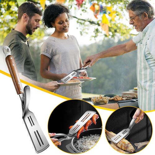 Outil de spatule de grillade barbecue polyvalent, pinces épaisses et en acier inoxydable avec poignée lisse, brûlure et durable, utilisées pour la plaque chauffante extérieure