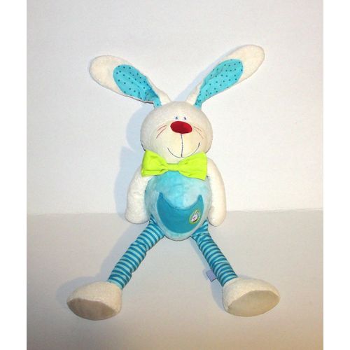 Doudou Lapin Haba Blanc Bleu Vert Longue Jambes Rayés