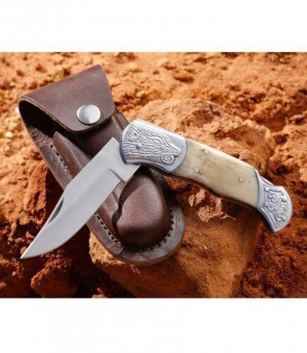 Couteau Ciselé Manche Os + Etui Cuir (Neuf)