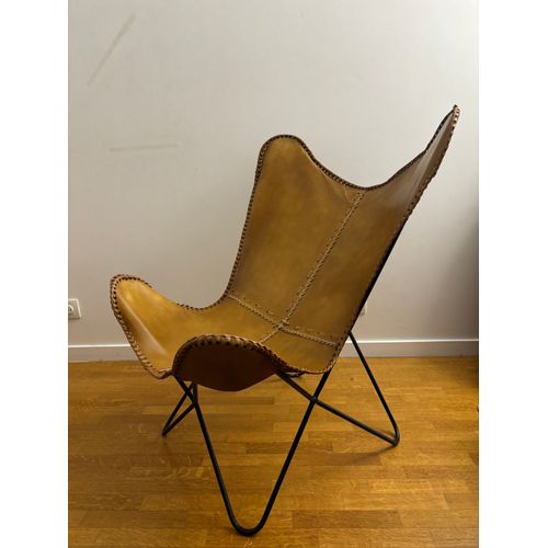 Chaise Papillon Vintage En Cuir Marron Clair