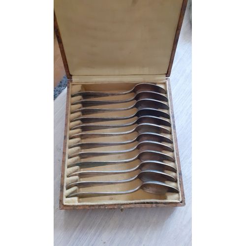 Coffret De 12 Cuillères À Dessert Anciennes En Métal Argenté 18 Grammes